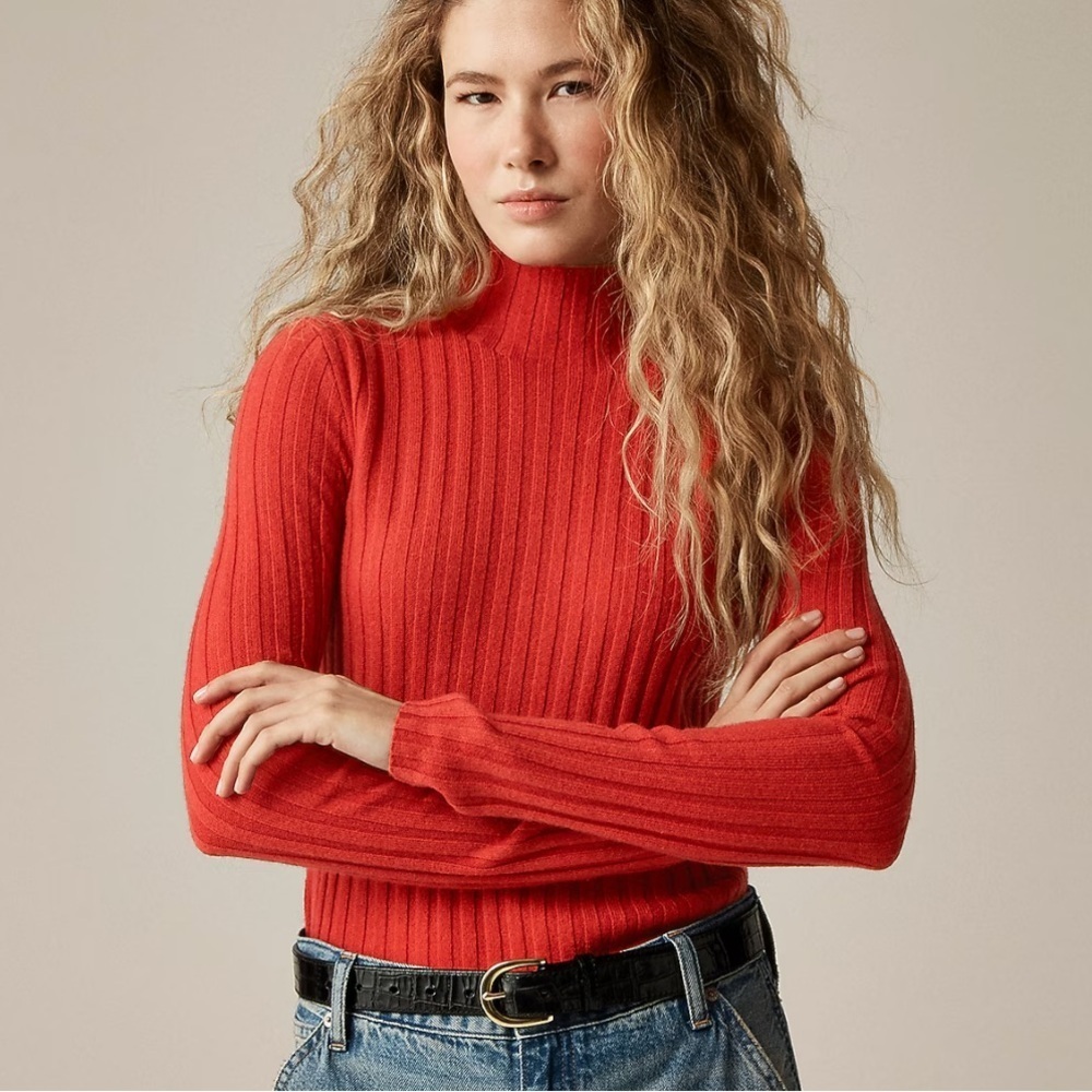 J crew cherry red Wide-rib cashmere turtleneck sweater